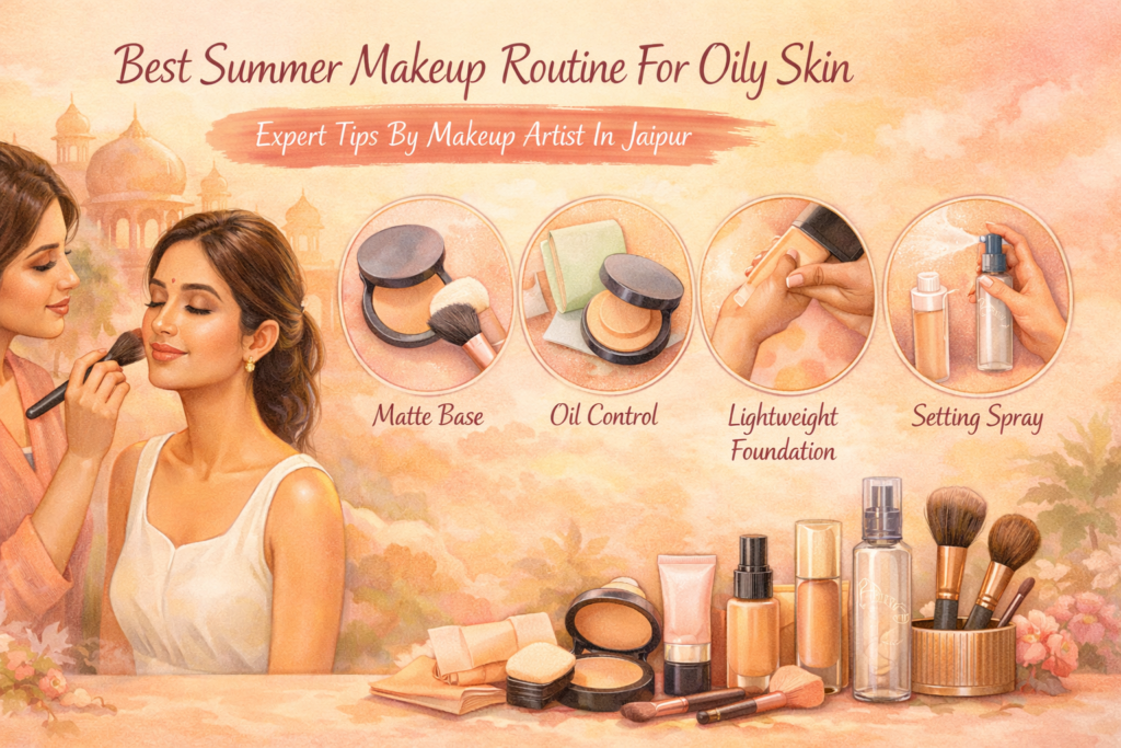 Best summer makeup routine for oily skin with matte base oil control and setting spray tips by makeup artist in Jaipur
