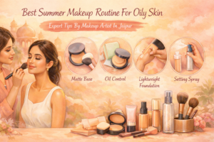 Best summer makeup routine for oily skin with matte base oil control and setting spray tips by makeup artist in Jaipur