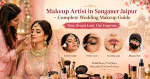 Real Indian bride bridal makeup look by makeup artist in Sanganer Jaipur with elegant wedding hairstyle and HD bridal makeup