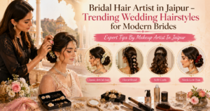 Real bridal hair artist in Jaipur creating elegant bridal bun hairstyle for modern Indian bride with trending wedding hairstyles and engagement hairstyle look