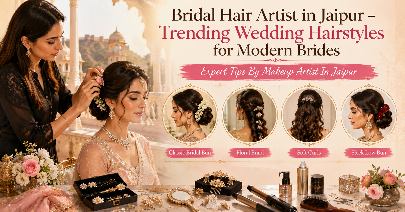 Real bridal hair artist in Jaipur creating elegant bridal bun hairstyle for modern Indian bride with trending wedding hairstyles and engagement hairstyle look